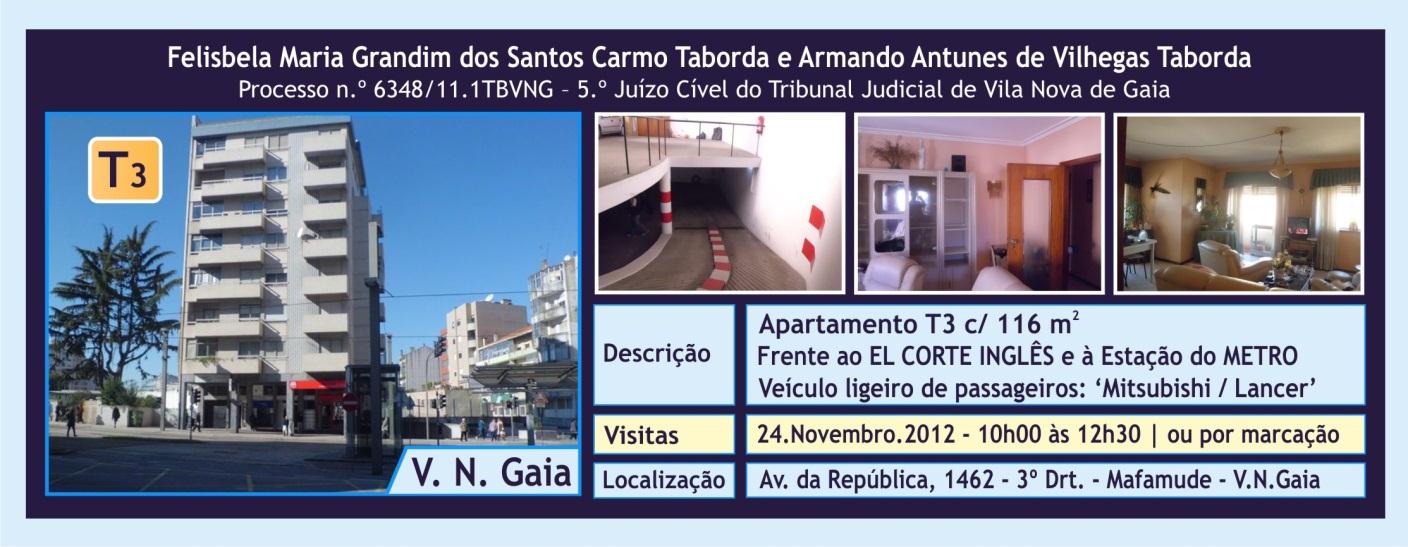 19 LOTE 1 Valor de saída: 95.000,00 Verba n.º 1 Bem Imóvel Prédio Urbano, sito na Avenida da República, n.º 1462, 3º andar direito, Freguesia de Mafamude, Concelho de Vila Nova de Gaiai.