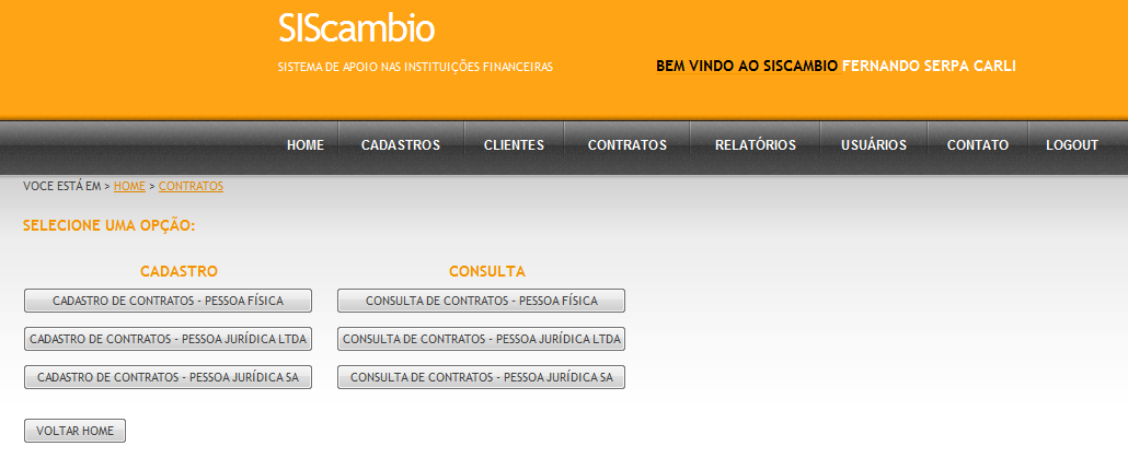 36 de cadastros e consultas de contratos. Figura 16: Menu Contratos 3.4.2.6.1 Cadastro e consulta de contratos Ao cadastrar um contrato de