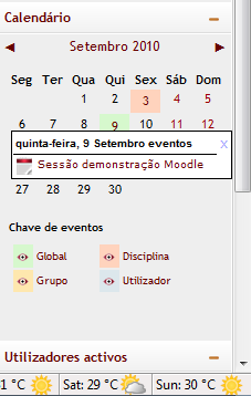 2.1.5 Calendário Os vários eventos e actividades marcadas pelo professor e/ou administrador são apresentadas neste bloco, até ser ultrapassada a data de realização.