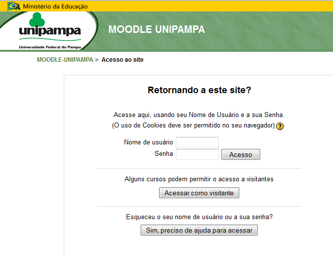 Acesso ao Moodle Instruções de Acesso Para alunos da instituição: Nome de usuário: matricula Senha: data de nascimento (ddmmaaaa) Docentes e TAEs da Unipampa: Nome de usuário: use a primeira parte do