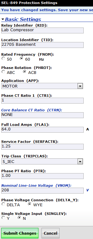 Step 6 Configure os ajustes básicos usando os valores registrados na Tabela 1, e verifique se os ajustes básicos default restantes são compatíveis com os valores dos dados da placa de identificação