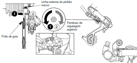 12. Marcha 1. Regulagem superior Gire o parafuso da regulagem superior para ajustar os componentes de forma que a polia de guia fique abaixo da linha externa do pinhão menor, observando-se por trás.