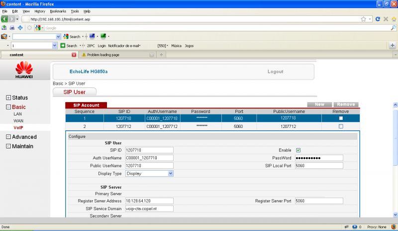 45 Em BASIC VOIP clique em NEW para configurar um novo ramal: Sip User SIP ID: 120XXXX Auth Username: C0001_120XXXX Public Username: 120XXXX Password: <senha voip> Primary Server: Register Server