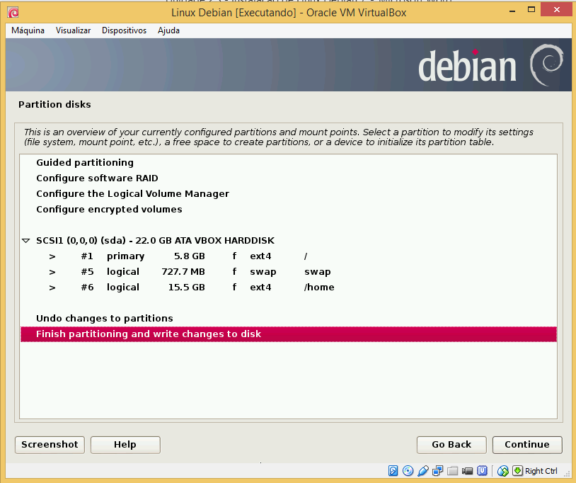 Escolha separate /home partition na figura 29.