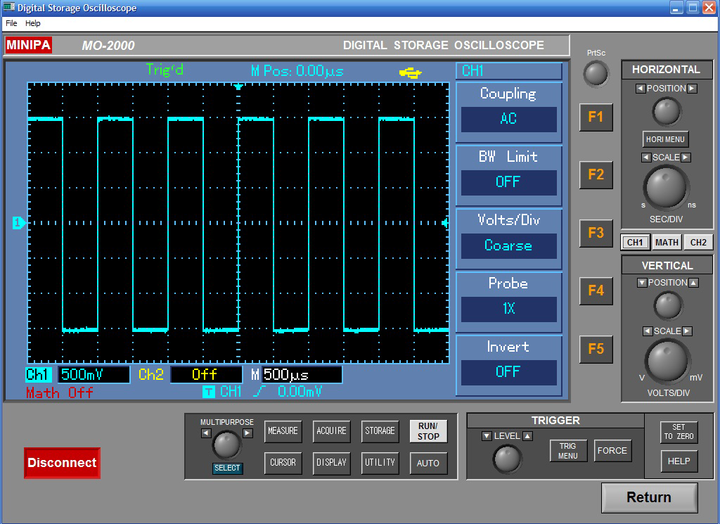 SAÍDA DE CALIBRAÇÃO Tensão de Saída: 3Vpp 1MΩ. Frequência: 1kHz INTERFACE Cabo de Conexão: USB. MENU Display: Tipo - Pontos, Vetores. Formato - XT, YT. Persistência: 1s, 2s, 5s, Infinito e Off.