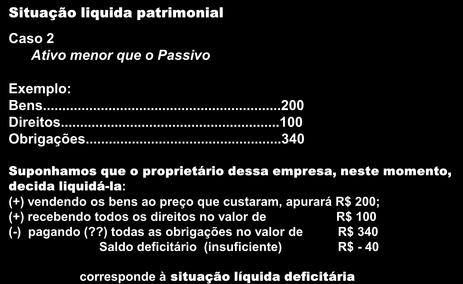 O Patrimônio Situação liquida patrimonial Caso 2 Ativo menor que o Passivo Exemplo: Bens...200 Direitos...100 Obrigações.