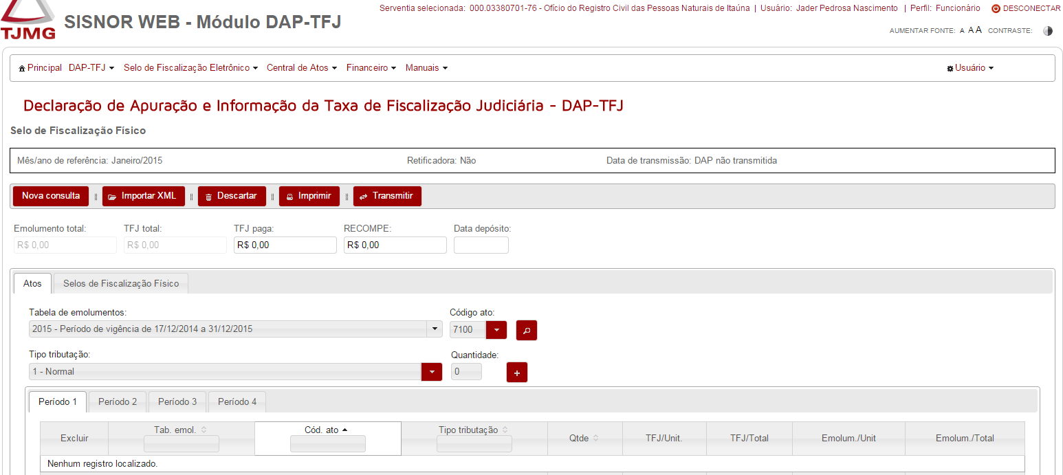 Após selecionar uma das opções do menu DAP-TFJ, o usuário deverá informar na parte superior da tela o Ano de referência da DAP/TFJ que deseja acessar (Destacado à esquerda da Figura 25).