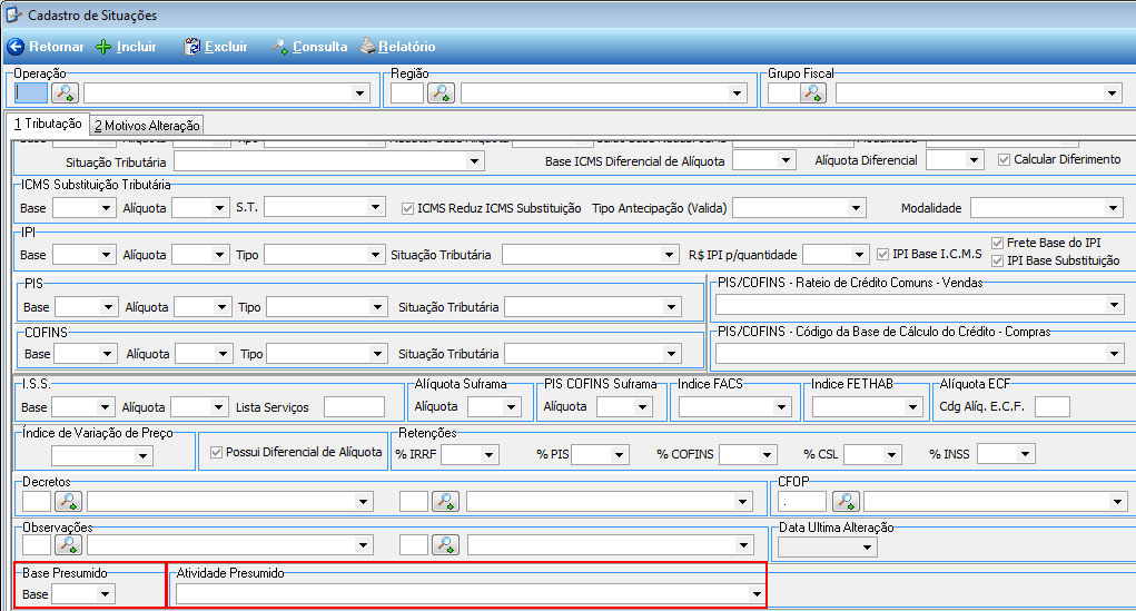 Figura 66 Cadastro dos impostos presumidos.