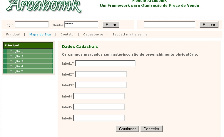 Na confecção da tela de login, ilustrada na Figura 7, utilizou-se os padrões Login e Registration da subcategoria Personalizing, onde o usuário poderá acessar seções exclusivas do sítio.