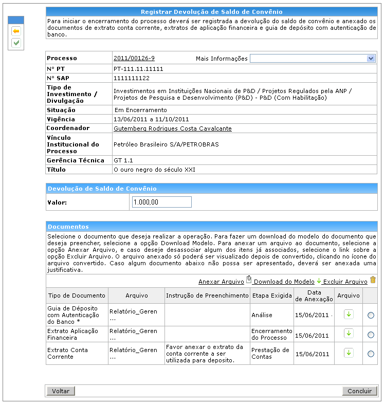 Figura 57 Registr de Devluçã d Sald Deve ser infrmad valr da devluçã d sald de Cnvêni, que deve ser mair u igual à zer.