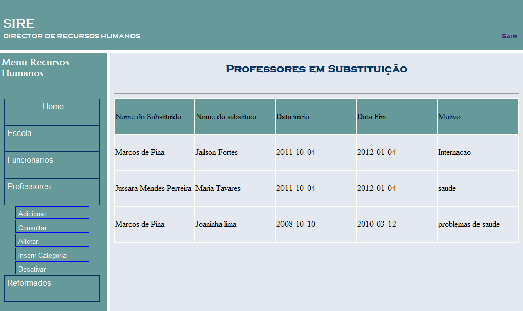 Figura 24: Consultas professores em Substituição 2.4 Transição: Essa última fase tem como objectivo a distribuição do produto final ao cliente.