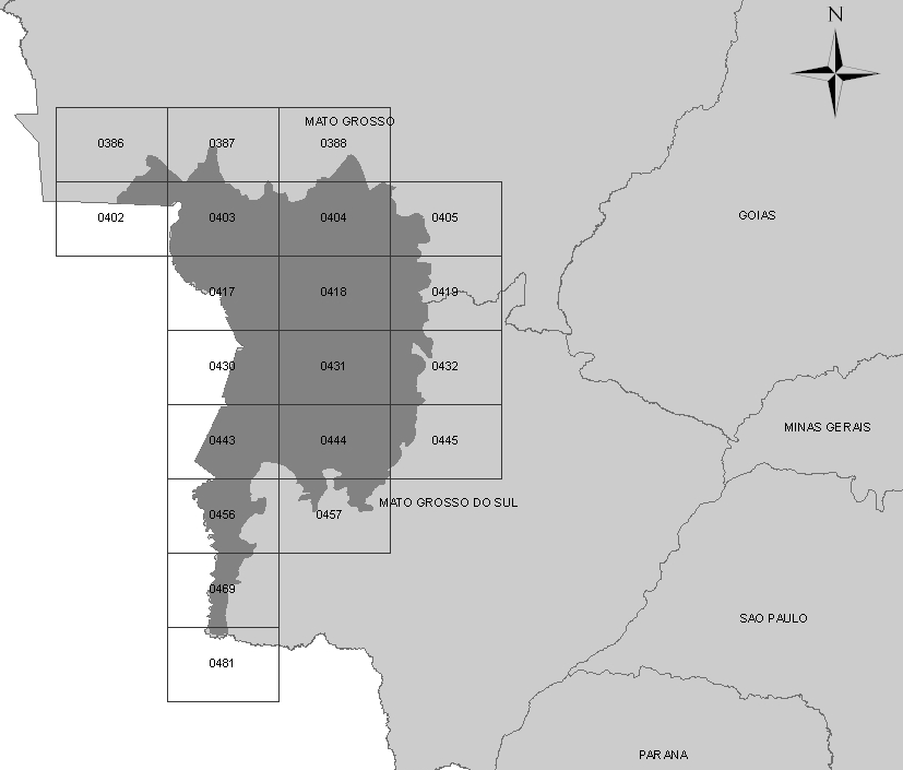 Figura 2.2. Articulação dos mapas índices (MI), IBGE 1:250.000, no bioma Pantanal.