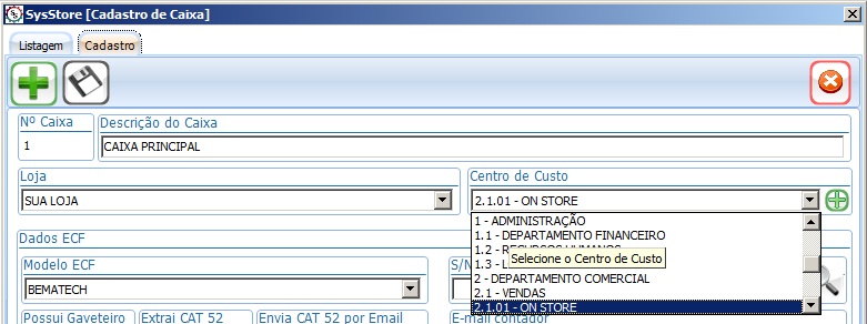 1. Clique no botão, para começar um novo cadastro e preencha os seguintes campos. Nº Caixa: É preenchido automaticamente.