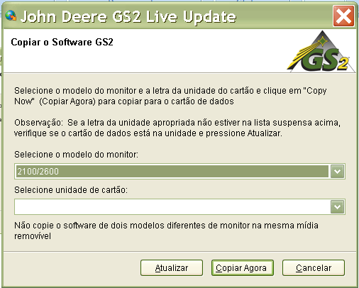 5. Selecione Copiar para copiar os arquivos de atualização do programa LiveUpdate para seu cartão. 6. Selecione o Modelo do Monitor e a letra da Unidade/Porta que está seu cartão de memória.