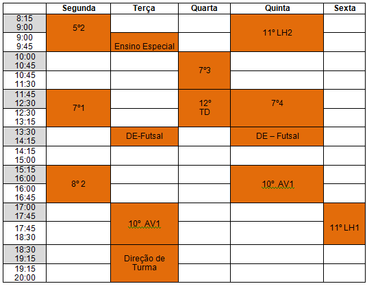 17:00 17:45 17:45 18:30 18:30 19:15 19:15 20:00 10º CT1 10º LH1 DE Futsal Tabela 3 - Horário PTI Miguel Martins Nelson Duarte Tabela 4 - Horário PTI Nelson Duarte Vanessa Carvalho Horas Segunda Terça