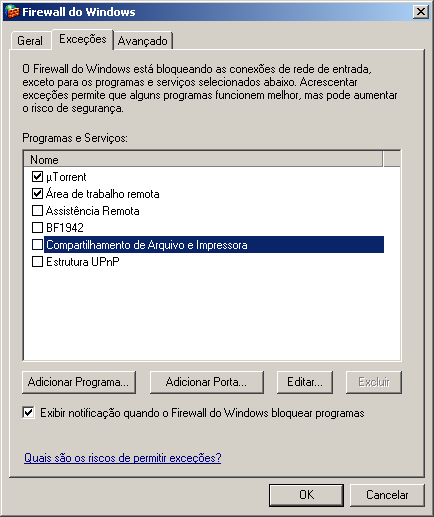 Na aba "Exceções" você tem acesso a uma lista de programas e serviços que podem receber conexões de entrada.