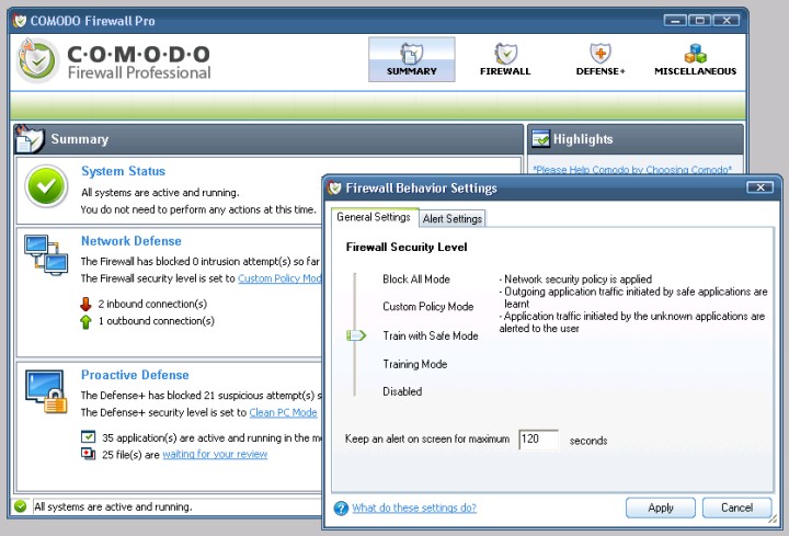 segurança do firewall (através da opção "Custom Policy Mode").