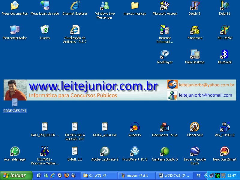 www.leitejunir.cm.br Leite Júnir A JANELA PRINCIPAL Após a carga d sistema surge a janela principal d Windws, chamada Área de Trabalh.