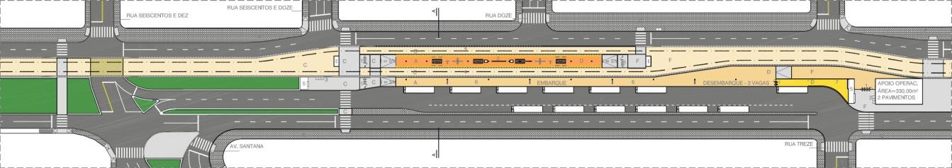 Foram reservadas duas áreas para os ônibus que são recolhidos no entrepico com espaços de manobra adequados ao fluxo de ônibus projetado.