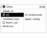 Climatização 115 A temperatura e a distribuição do ar são definidas automaticamente e a ventoinha funciona a velocidade elevada. Para voltar ao modo automático: premir o botão V ou AUTO.