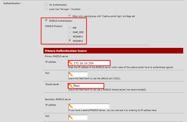 Nessa configuração está atrelada as informações configuradas no Active Directory anteriormente. Também é adicionado o IP do Servidor Microsoft e a senha digitada na adição do cliente Radius. 4.