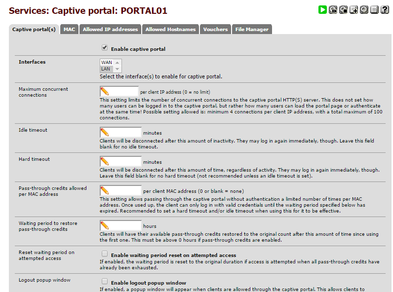 fazer parte do Captive Portal. Esse exemplo foi criado um Captive Portal com nome PORTAL01 e o mesmo irá gerenciar apenas a rede interna da empresa, visto que consiste em apenas uma rede.