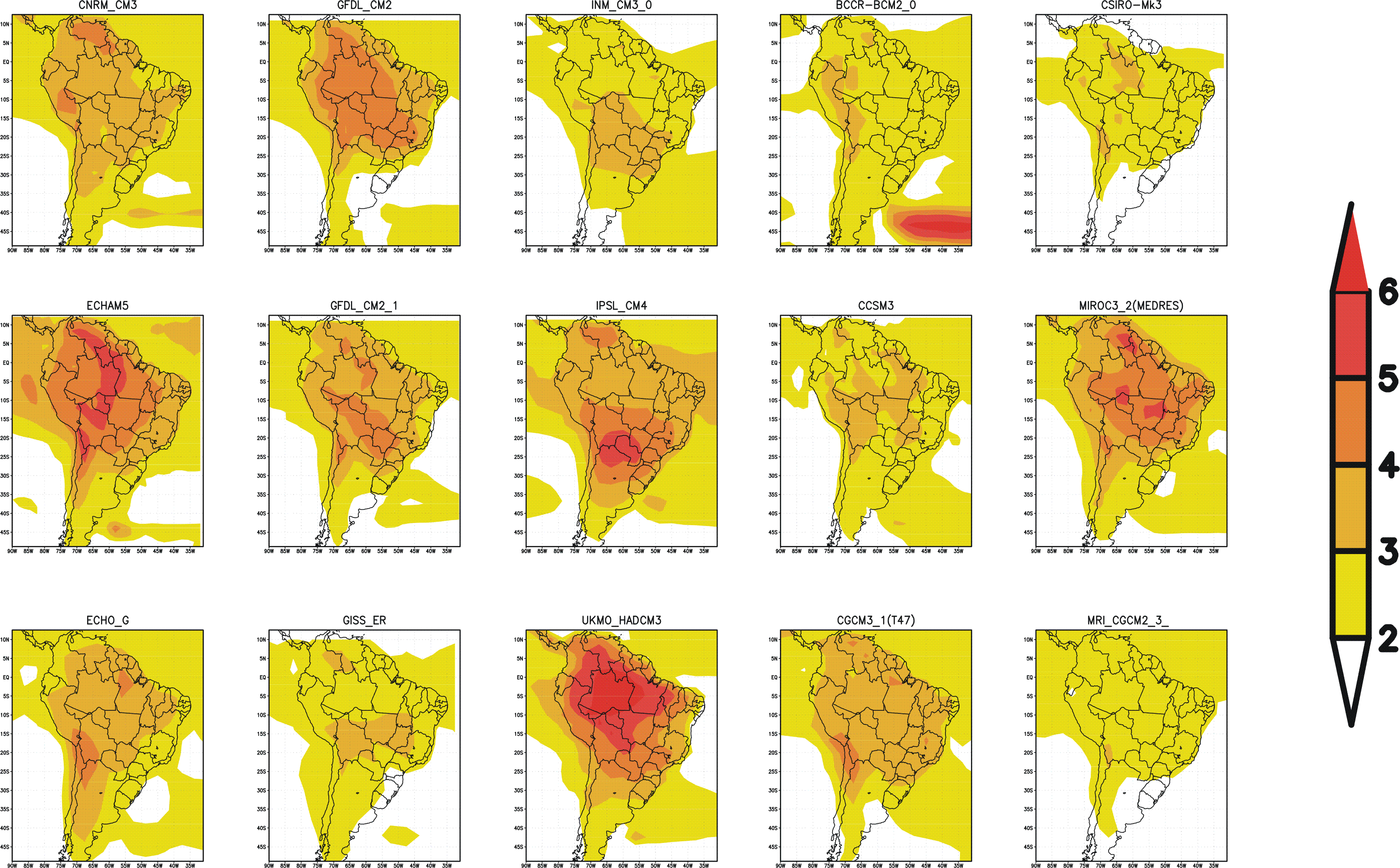 C Modelo do Reino Unido Projeções de anomalia de temperatura (ºC) para a América do Sul para o período
