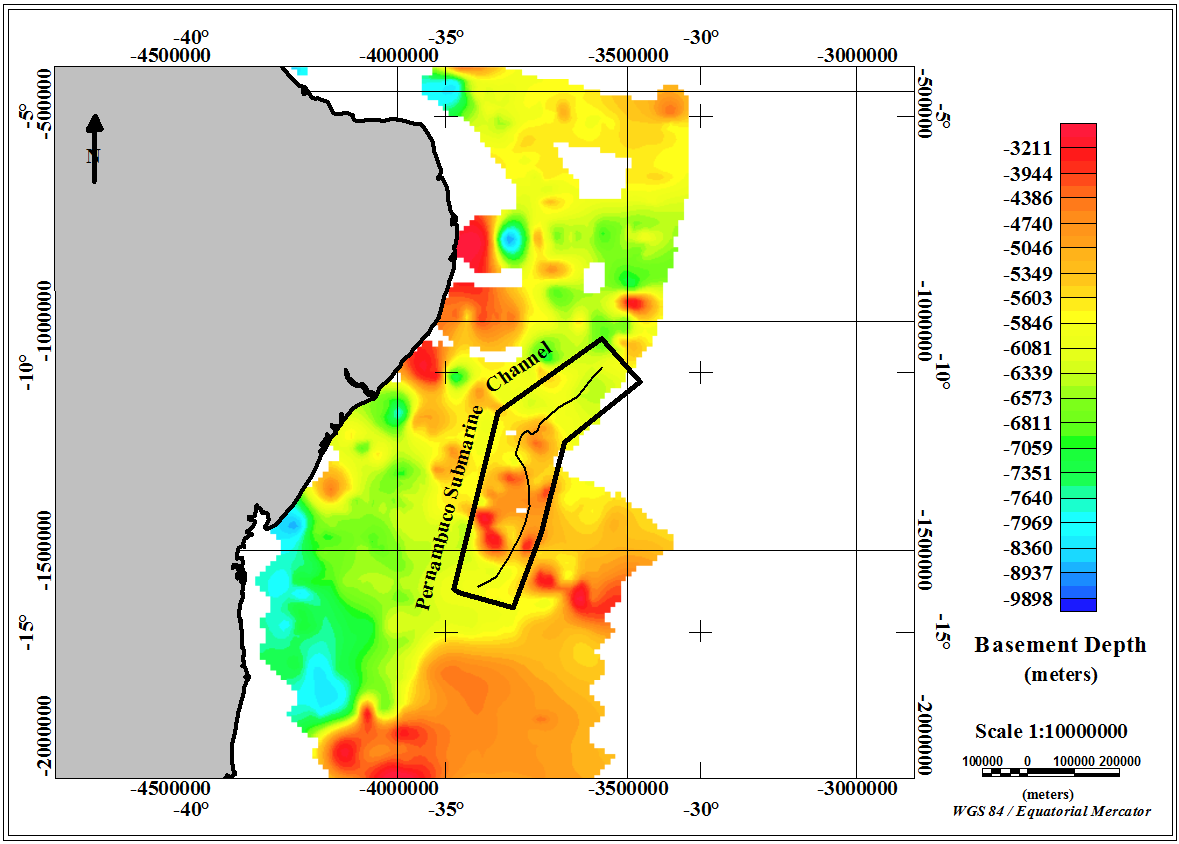 Figura 10 Mapa de profundidade do embasamento. A linha na cor preta inserida no polígono preto corresponde uma aproximação do traçado do canal.