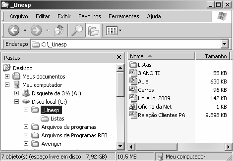 40) Baseando-se na tela do Windows Explorer do MS-Windows XP apresentada na figura, assinale a alternativa correta. A) Arquivos de programas é uma subpasta de _Unesp.