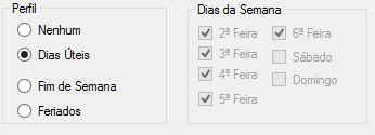 45 c) Fim de Semana esta opção marca automaticamente os dias de fim de semana (sábado e domingo) não permite marcar outros dias; d) Feriados esta opção desmarca todos os dias e considera apenas os