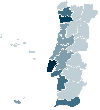 Localização geográfica por distrito (2013) O distrito de Lisboa registou 60% do volume de negócios, 42% do número de pessoas ao serviço, e 33% do número de