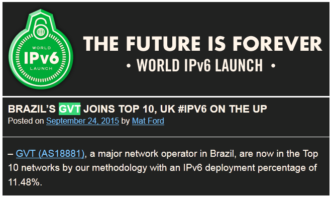 GBPS 01 Resultados GVT Medição World Ipv6 Launch Todos os BRAS ofertando Dual-Stack. 16% do tráfego para os principais provedores de conteúdo já em IPv6 (World IPv6 Launch) 7 meses em produção.