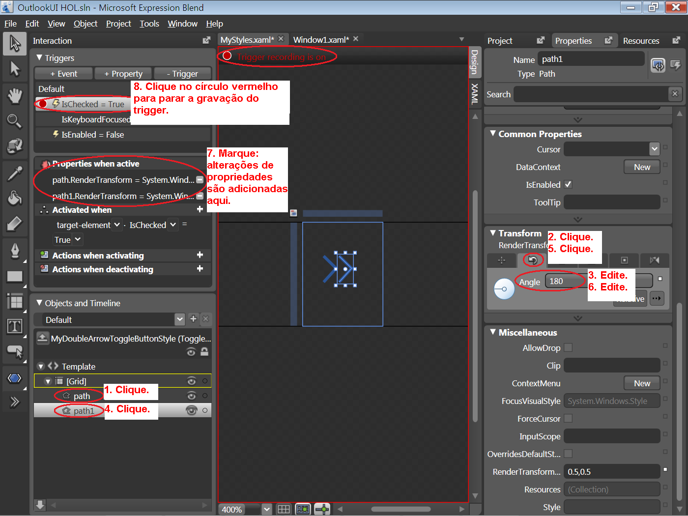 Laboratório Prático de WPF 53 Figura 48 Editando o property trigger IsChecked=True. 8) Em Objects and Timeline, clique em (espaço acima) para sair do Control Template Editor.