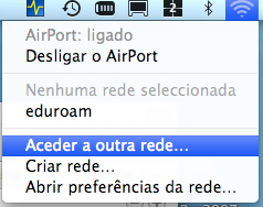 3. MacOS Para ter conectividade à Internet sem fios deverá seguir os seguintes passos: 1. Clicar em Airport. Seleccionar Aceder a outra rede. 2.