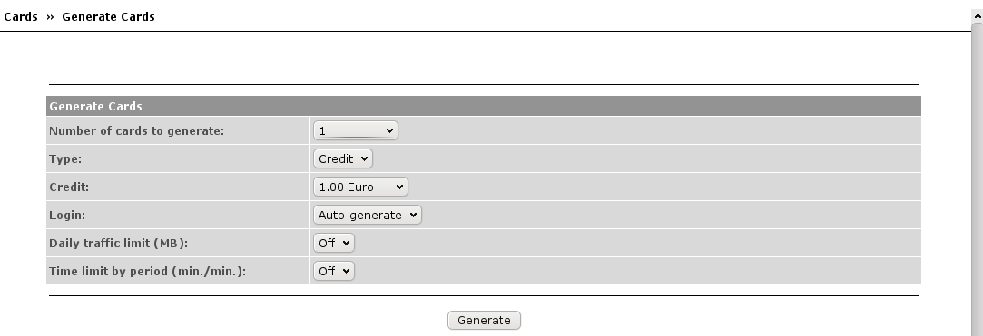 Tipo aqui o operador pode escolher se quer um cartão limitado por Crédito ou Tempo.