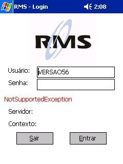 3. Caso seja exibida essa tela, verifique se o arquivo RMSMobile.exe.config está no PDA. 4. Caso seja exibida essa tela, verifique se os arquivos wsrmsmobile.dll e wsrmsmobile.