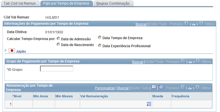 Capítulo 2 Definindo o Administração de Remuneração Página Tab Cód Val Remun Pgto por Tempo de Empresa Calcular Tempo Empresa por: Selecione o tipo de data na qual estará baseado o tempo de empresa.