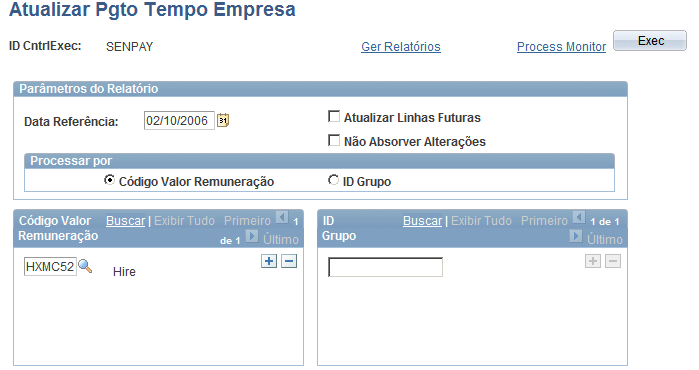 Administrando Pagamento por Tempo de Empresa Capítulo 5 Página Atualizar Pgto Tempo Empresa Atualizar Linhas Futuras Não Absorver Alterações Processar por Selecione essa opção para atualizar todas as