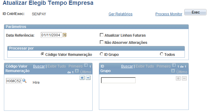 Administrando Pagamento por Tempo de Empresa Capítulo 5 Página Atualizar Elegib Tempo Empresa Processar por Selecione Todos para executar o relatório para todos os trabalhadores.