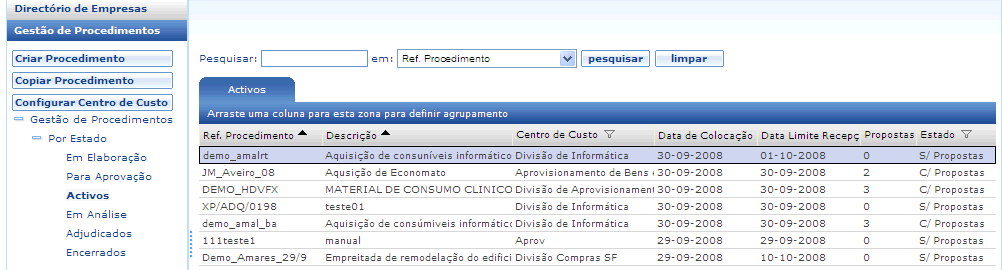 Cada linha corresponde a um procedimento e para cada procedimento é identificado a sua referência, descrição, o centro de custo associado, a data de criação e a respectiva data limite para