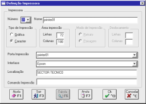 1.1- DEFINIÇÃO DE IMPRESSORAS NÚMERO IMPRESSORAS Numeração dada pelo utilizador. Permite definir até 99 Impressoras. NOME Nome Interno de sistema pelo qual a Impressora é reconhecida.