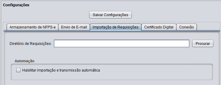 5.3 Importação de Requisições Esta configuração permite ao usuário indicar a pasta aonde o sistema deverá procurar as requisições de NFPS-e para importação e transmissão. Figura 10.