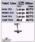 Setup Map City tab O tab de cidade contém as configurações de texto e zoom para cidades de grande, médio e pequeno porte. Para alterar as configurações, destaque o campo desejado e pressione ENTER.