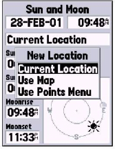 Esta informação pode ser exibida para a sua posição atual ou o menu de Mapa e Pontos pode ser usado para selecionar a posição.