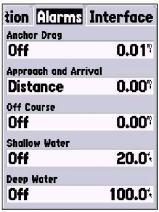Setup Menu Alarms tab. Os tab de alarme contêm as configurações para movimento de âncora, aproximação e chegada, fora de curso, águas rasas e águas profundas.