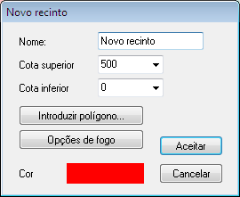 Opção Nome Cotas Descrição Permite indicar o nome que identificará o recinto. Permite definir a cota superior e inferior do recinto em centímetros.