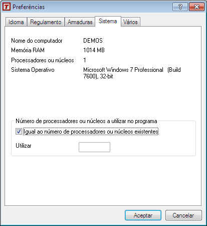 Menu Ficheiro Preferências O novo separador Sistema em Ficheiro > Preferências apresenta os dados básicos do sistema (nome de equipamento, sistema operativo, quantidade de memória RAM e número de