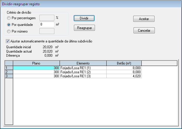 O campo Quantidade inicial apresenta a medição do registo de fabricação inicial (20,020 m² no exemplo) e não se modifica pela divisão ou reagrupamento que se realize.