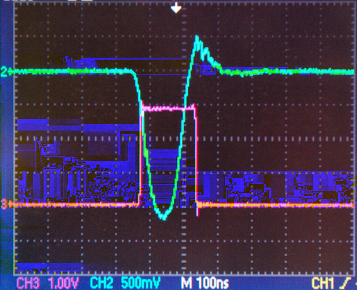 Capı tulo 4. Testes e Resultados Figura 4.8: Monitorizac a o do sinal a saı da do pre -amplificador (CH2) em resposta ao sinal que simula a saı da do PMT (CH1), para diferentes valores de ganho.
