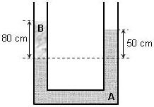 colunas de A e B, medidas em relação à linha de separação dos dois líquidos, valem 50 cm e 80 cm, respectivamente.